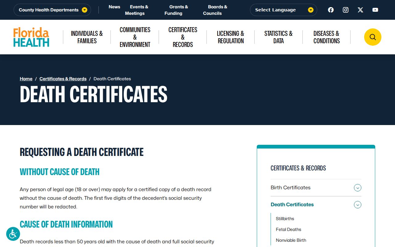 Florida Department of Health death certificate access options for family history research