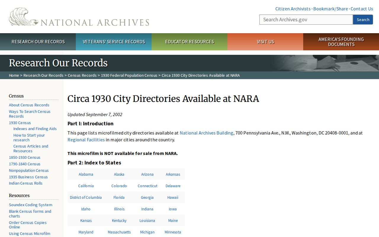 National Archives guide to Sarasota-area city directory holdings around the 1930 census