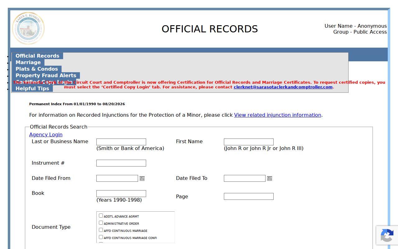 Sarasota residents directory source showing Official Records search fields