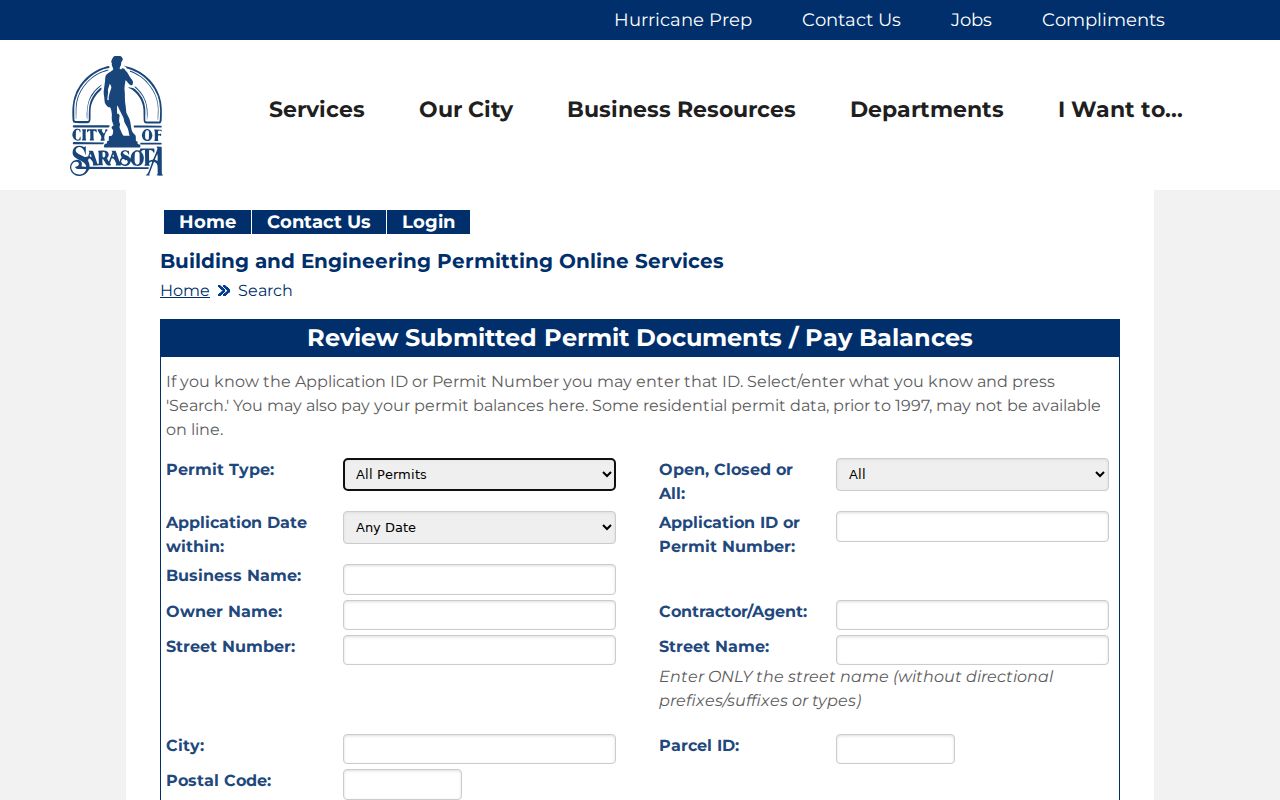 City of Sarasota permit search fields for owner, street, parcel, and postal code