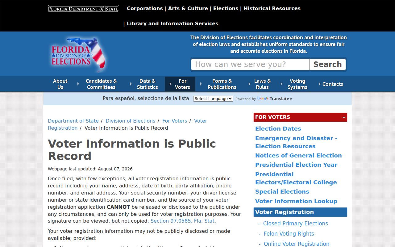 Sarasota ZIP code directory Florida voter public information rules